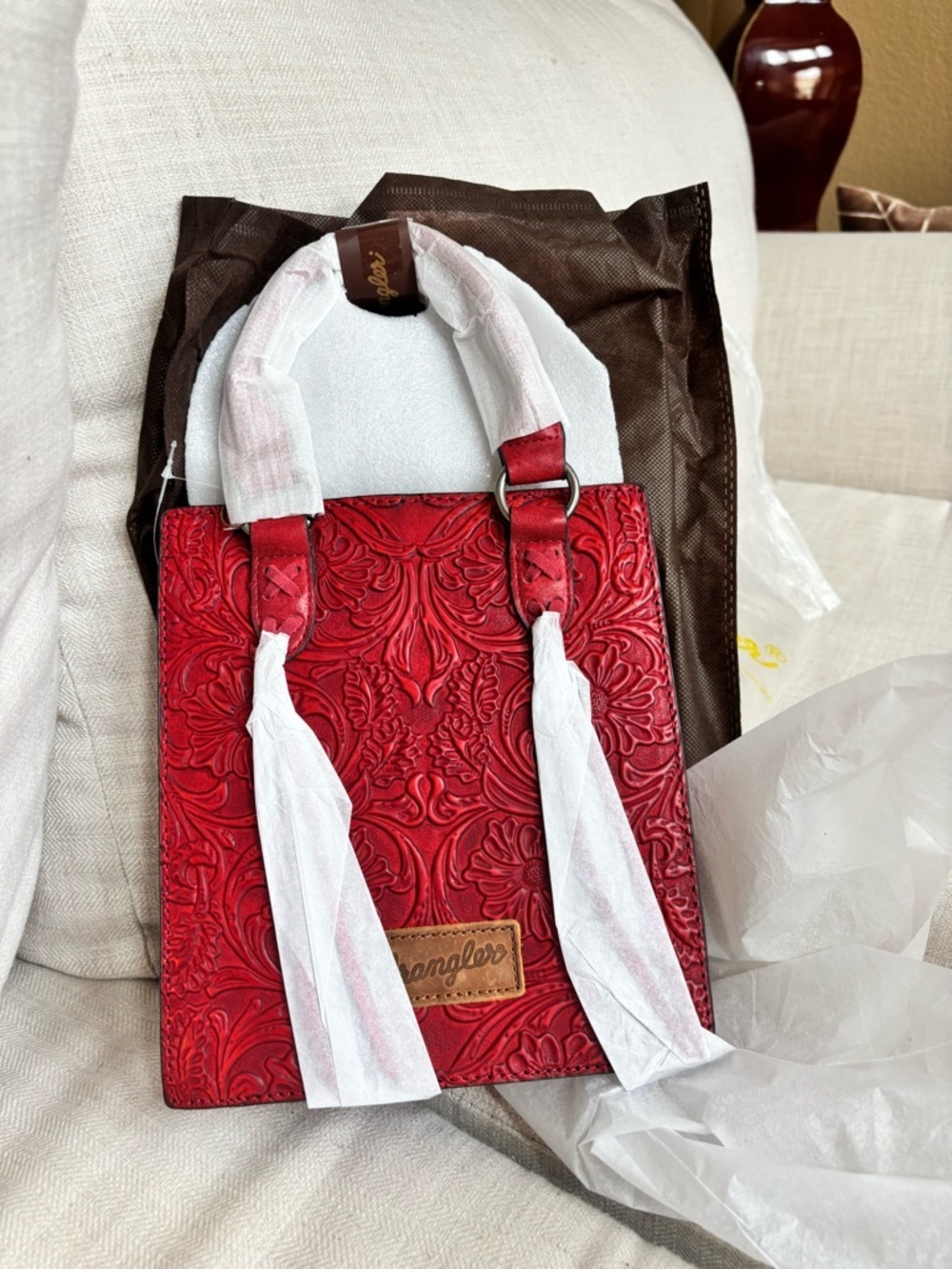 Wrangler Embossed Tooled Leather Top Handle Crossbody Western Bag Red NWT - Picture 9 of 11